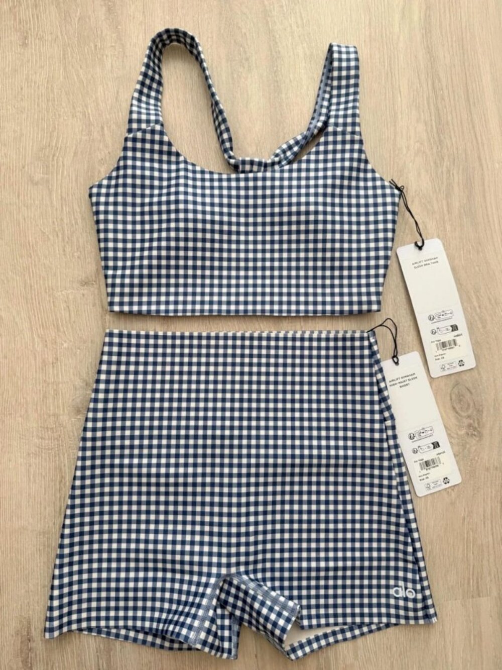 Alo Yoga Airlift Gingham High Waist Sleek Short and Airlift Intrigue Bra Navy XS